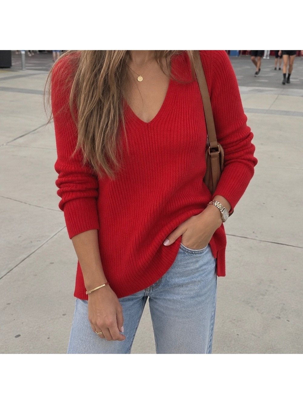 Ett:Twa by Anthropologie Red Ribbed V-Neck Tunic Sweater Size M